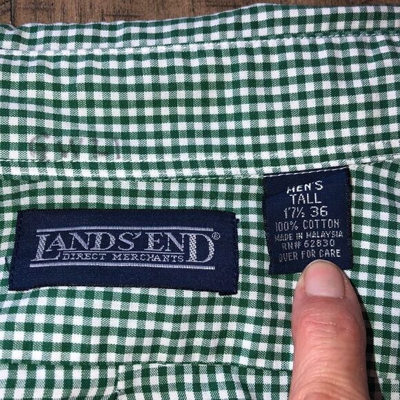 Lands End 💯% Cotton Classic Button Down Tall Shirt in Grass Green Check Print - Picture 6 of 11